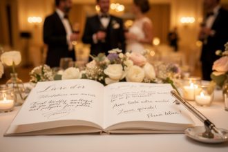 Livre d'or ouvert avec des messages manuscrits lors d'un événement festif