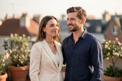 Couple élégant partageant un moment complice sur une terrasse urbaine, illustrant la vie publique et privée d'Alicia Dauby et son mari