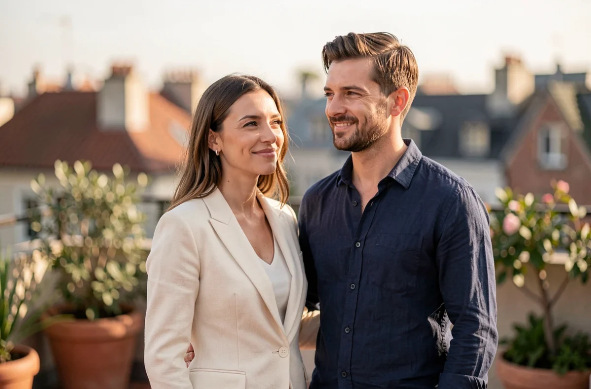Couple élégant partageant un moment complice sur une terrasse urbaine, illustrant la vie publique et privée d'Alicia Dauby et son mari