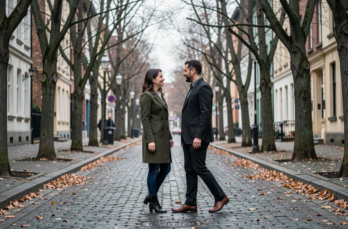 Couple marchant côte à côte dans une rue pavée bordée d'arbres en automne, symbolisant la complicité discrète entre Alicia Dauby et son mari