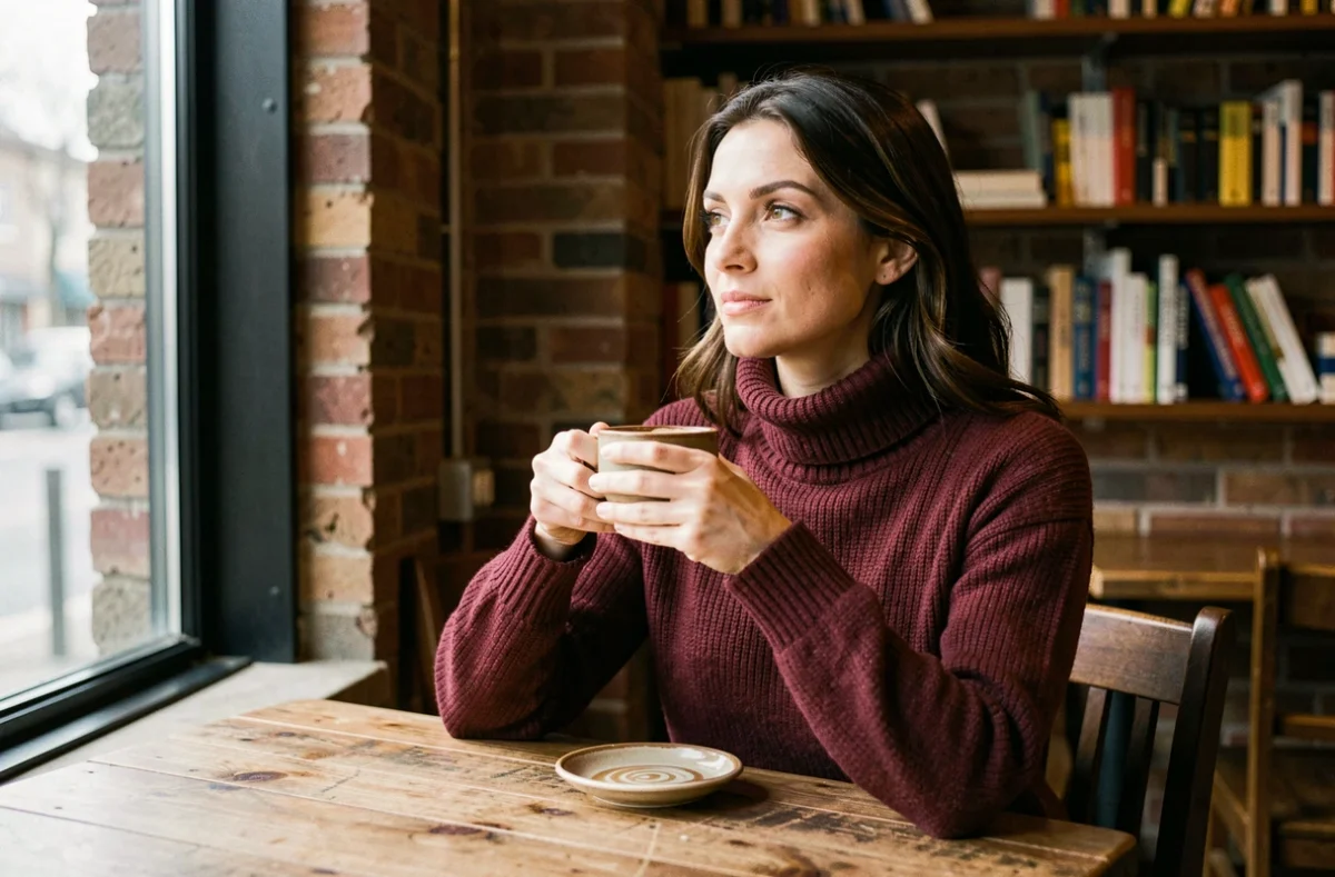 Femme pensive attablée dans un café chaleureux, évoquant l'intimité et les moments privés d'une personnalité publique comme Alicia Dauby