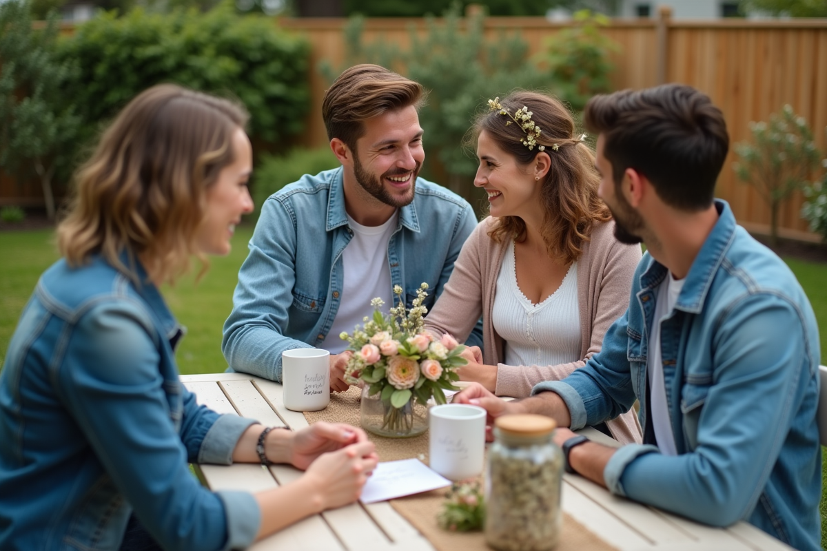 Groupe d amis dans le jardin avec carte de lune de miel