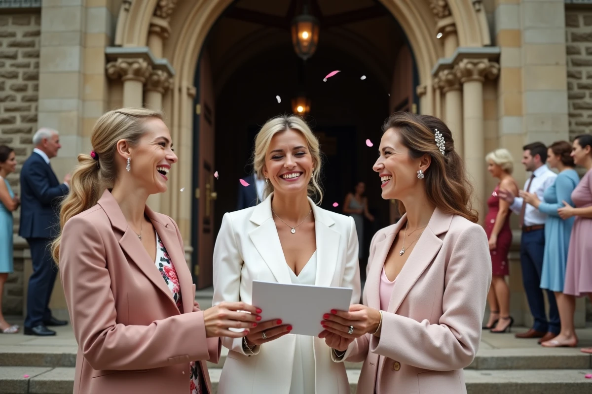 Trois amis souriants après un mariage devant une église