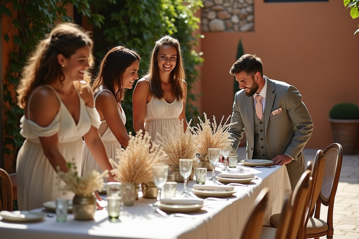 Amis arrangeant une table de mariage bohème en extérieur