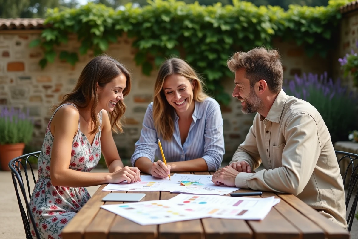 Groupe d'amis planifiant et personnalisant une cérémonie de mariage ensemble autour d'une table de jardin