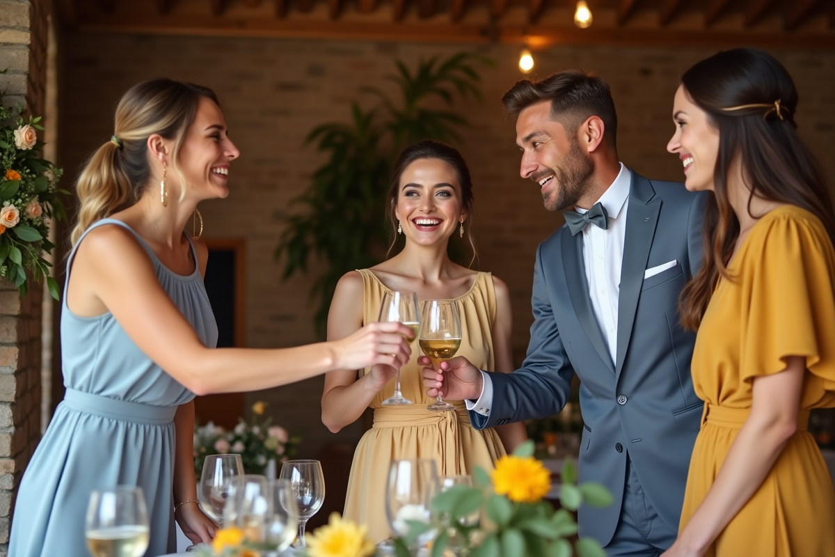 Amis en tenue tendance lors d un toast dans une grange