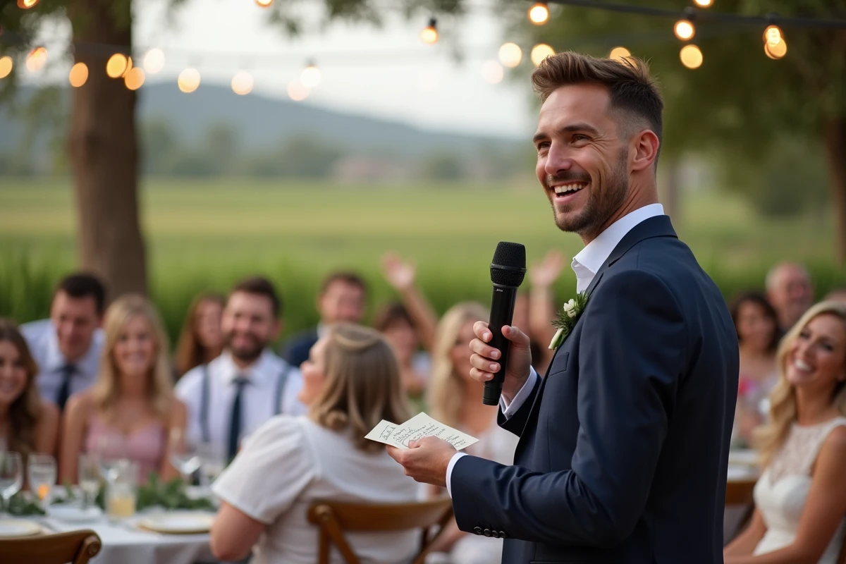 Animateur de mariage présentant un jeu questions-réponses fun devant les invités assis en terrasse lors d'une réception en plein air