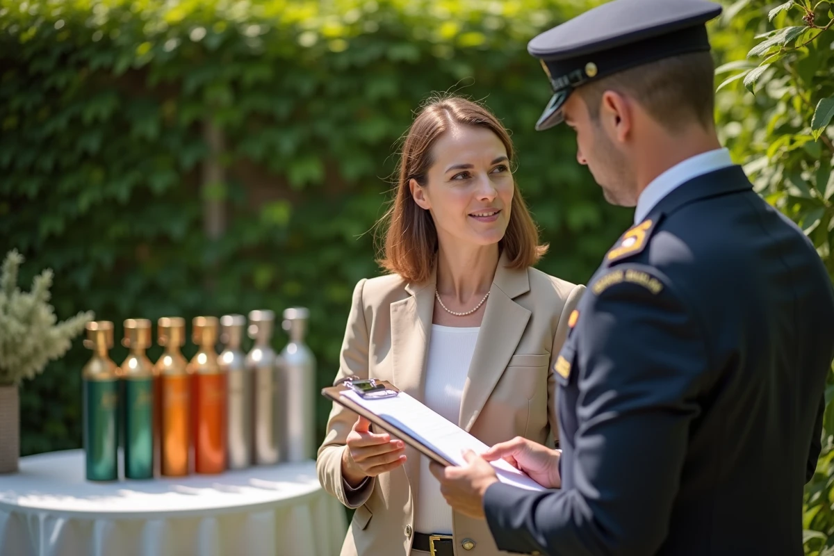 Organisatrice de mariage présentant les autorisations officielles pour l'utilisation de fumigènes à un représentant municipal dans un espace de réception en plein air