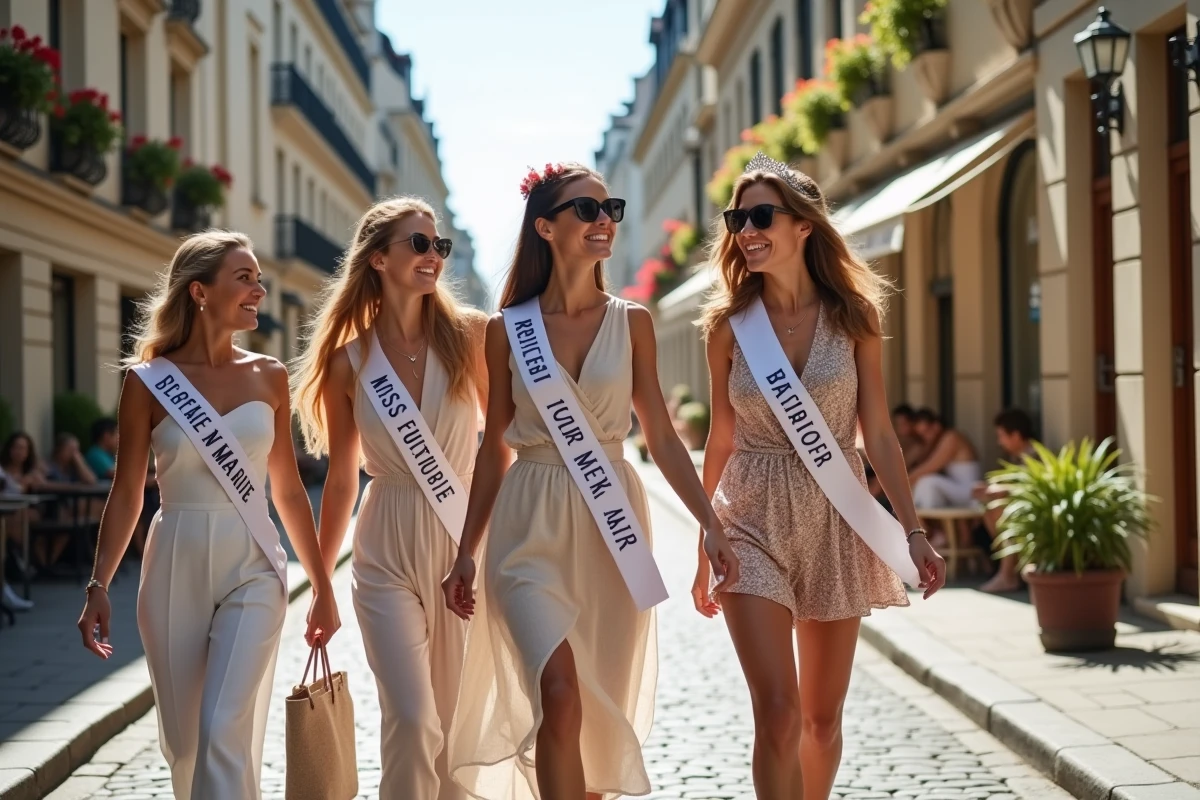 Groupe d'amies en balade dans les rues d'une ville française pour un enterrement de vie de jeune fille avec programme et checklist