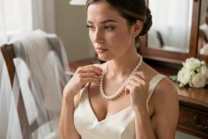 Mariée en robe ivoire tenant un collier de perles de culture devant un miroir vintage, bijoux mariage perles naturelles