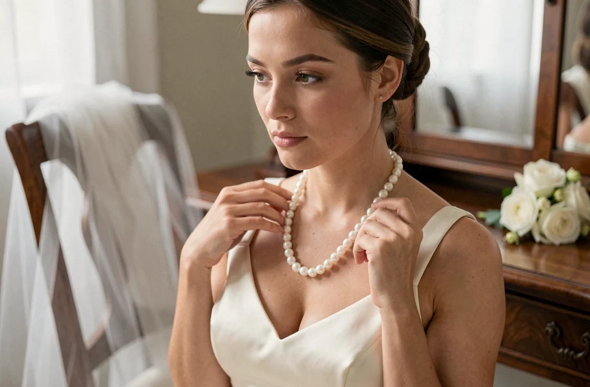 Mariée en robe ivoire tenant un collier de perles de culture devant un miroir vintage, bijoux mariage perles naturelles