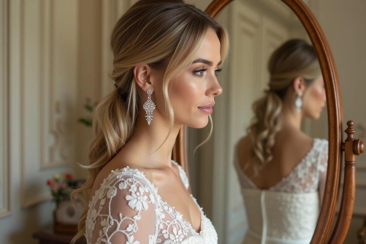 Femme mariée devant une coiffeuse ancienne montrant une boucle d'oreille pendante Art déco en argent sur cheveux mi-lâchés