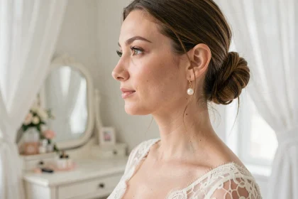 Mariée portant une boucle d'oreille discrète en perle et un clou doré minimaliste, portrait de profil en robe de mariée en dentelle ivoire