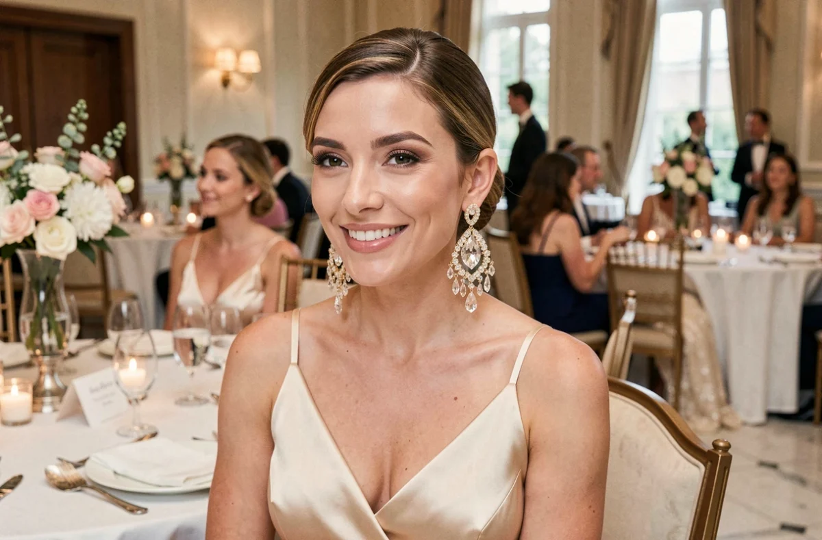Mariée élégante avec de grandes boucles d'oreilles chandelier en cristal portées avec un chignon bas dans une salle de réception de mariage
