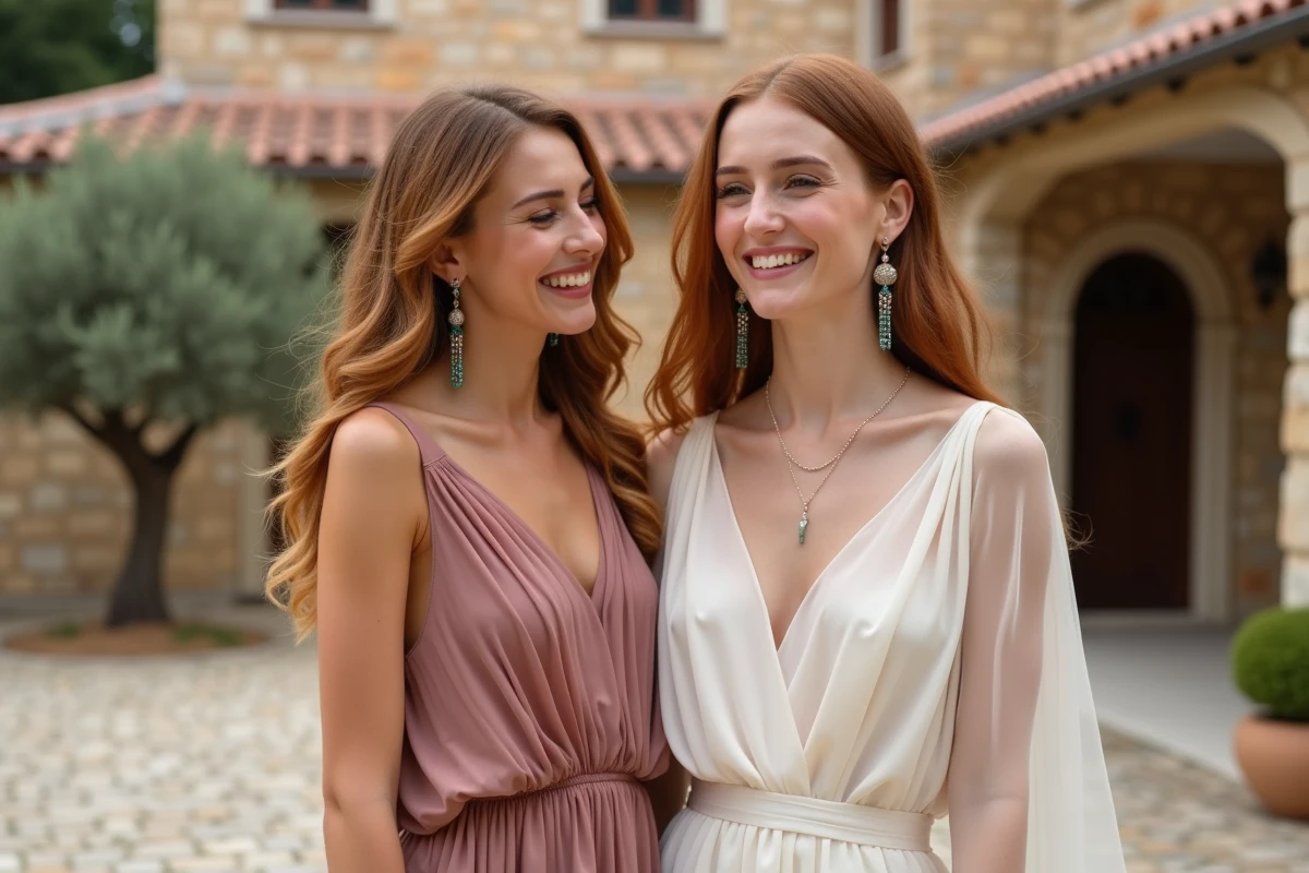 Mariée et demoiselle d'honneur riant sur une terrasse provençale, boucles d'oreilles pendantes en or rose visibles dans les cheveux lâchés auburn