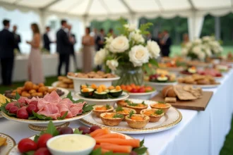 Table de buffet de mariage élégante en plein air avec charcuteries, canapés et arrangements floraux ivoire et blush