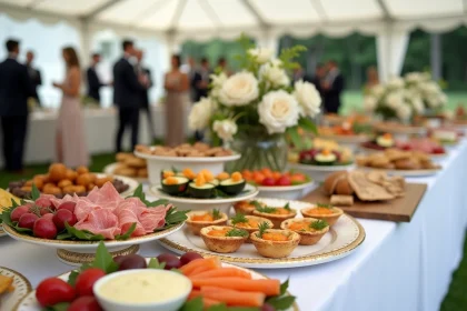 Table de buffet de mariage élégante en plein air avec charcuteries, canapés et arrangements floraux ivoire et blush