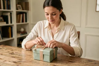 Femme élégante enveloppant un cadeau de témoin de mariage avec un ruban en satin sur une table en bois rustique
