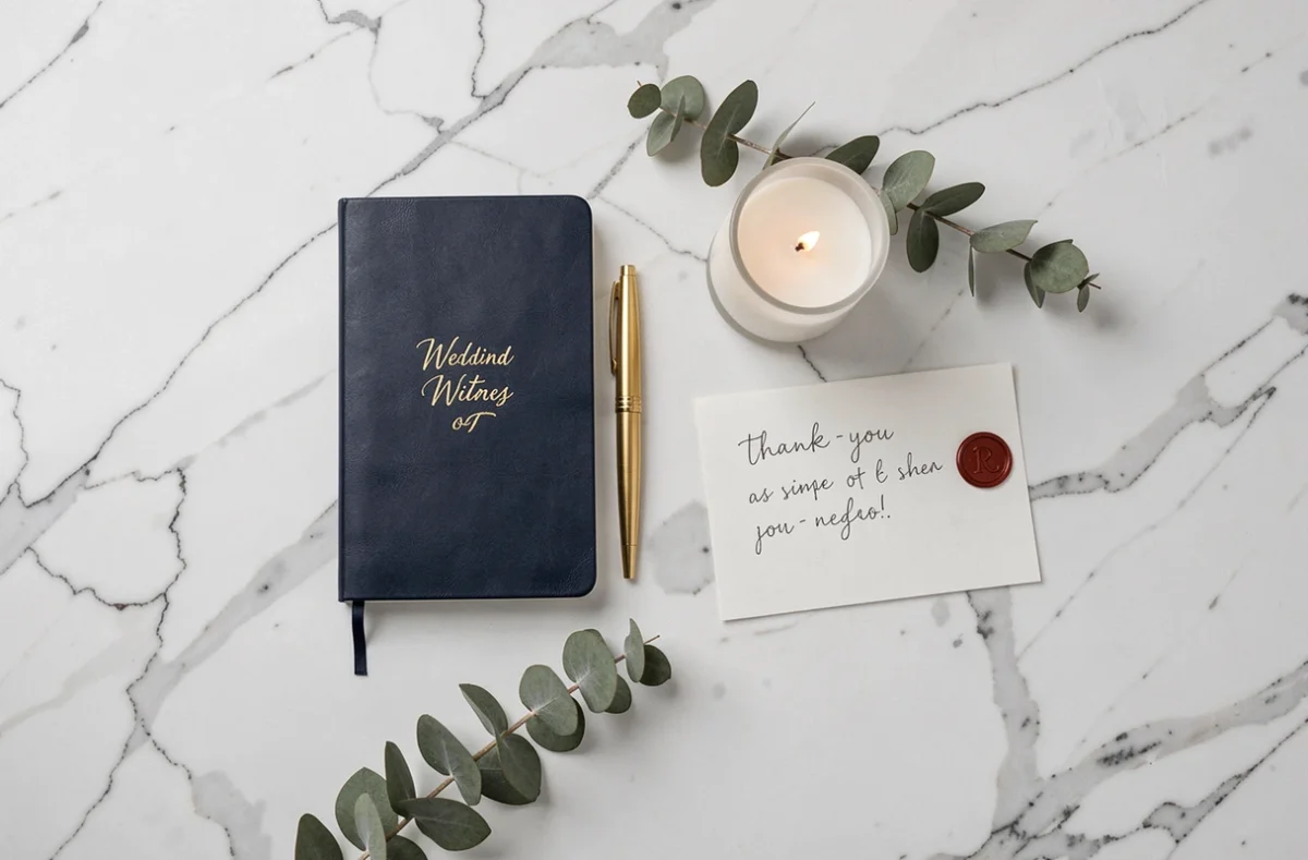 Flat lay d'un ensemble cadeau de témoin de mariage élégant avec carnet en cuir, bougie et carte manuscrite sur marbre blanc
