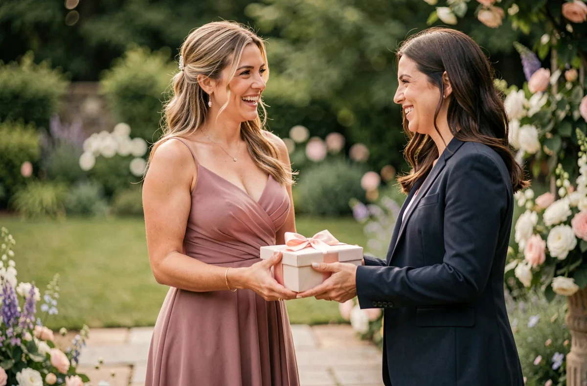 Mariée offrant un cadeau élégant à sa témoin dans un jardin de mariage, moment complice et authentique en plein air