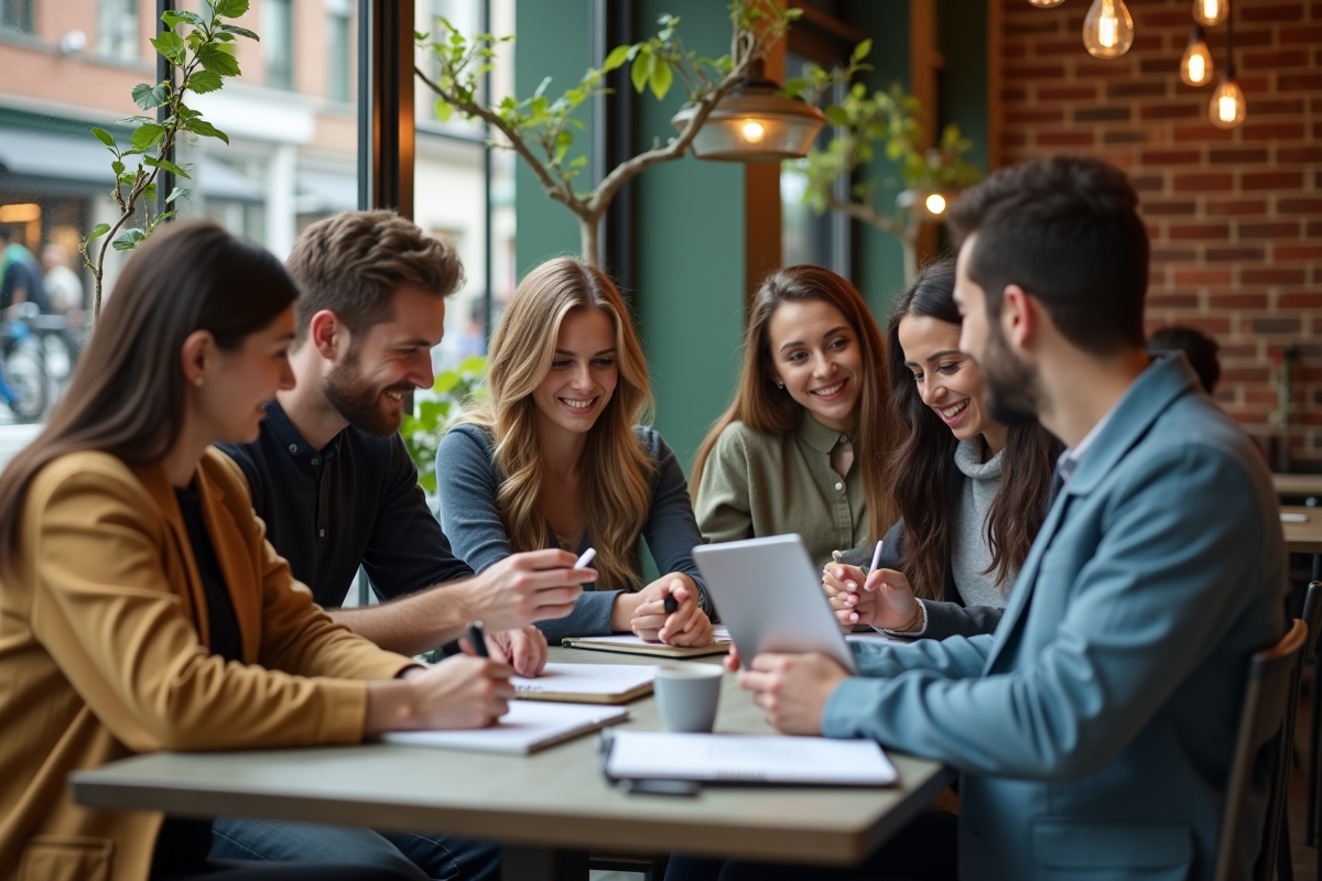 Femmes et hommes travaillant ensemble dans un cafe urbain