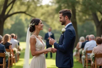 Couple échangeant des vœux lors d'une cérémonie de mariage laïque en plein air dans un jardin fleuri