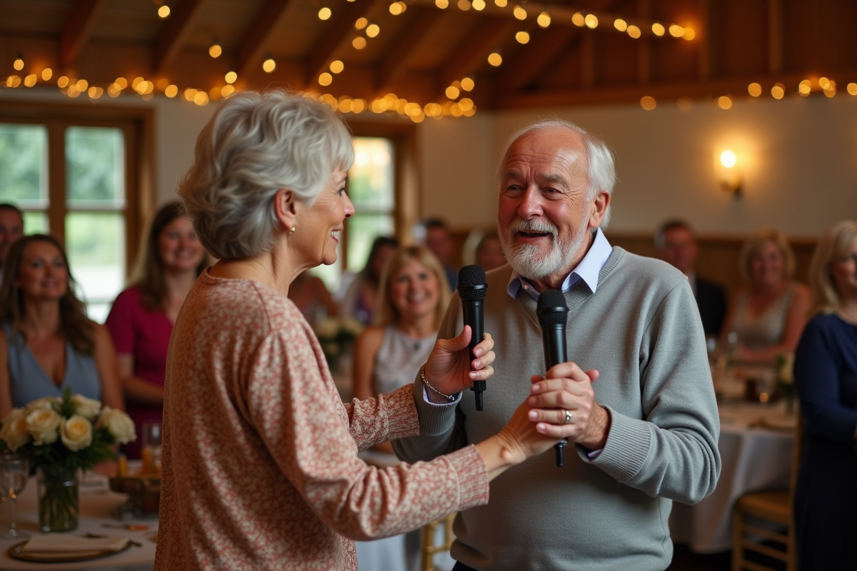 Une femme et un homme chantant ensemble au karaoké lors d