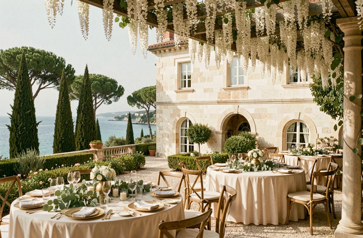 Château Carqueiranne dans le Var, terrasse de mariage en bord de mer avec tables dressées sous une pergola de glycine et vue sur la baie