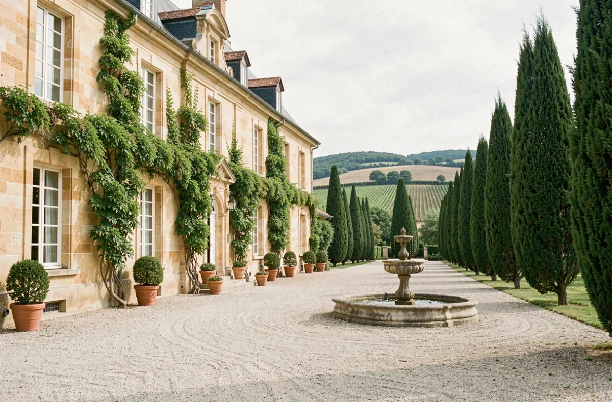 Façade du Château de Berne dans le Var, avec son allée de cyprès et sa cour en gravier, idéal pour un mariage en Provence