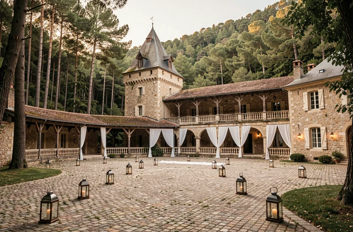 Château de la Cheylane dans le Var, cour pavée décorée pour une cérémonie de mariage avec lanternes et drapés blancs sous la loggia en pierre