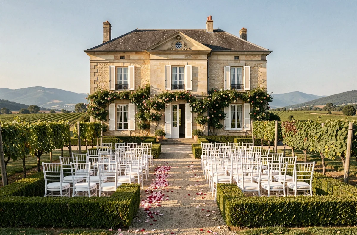 Château Pimo dans le Var, cérémonie de mariage en plein air avec rangées de chaises blanches devant la façade en pierre entourée de rosiers grimpants
