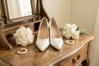 Chaussures de mariée blanches en satin sur une coiffeuse vintage avec bouquet de roses et boucles d'oreilles en perles