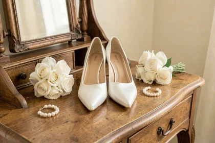 Chaussures de mariée blanches en satin sur une coiffeuse vintage avec bouquet de roses et boucles d'oreilles en perles