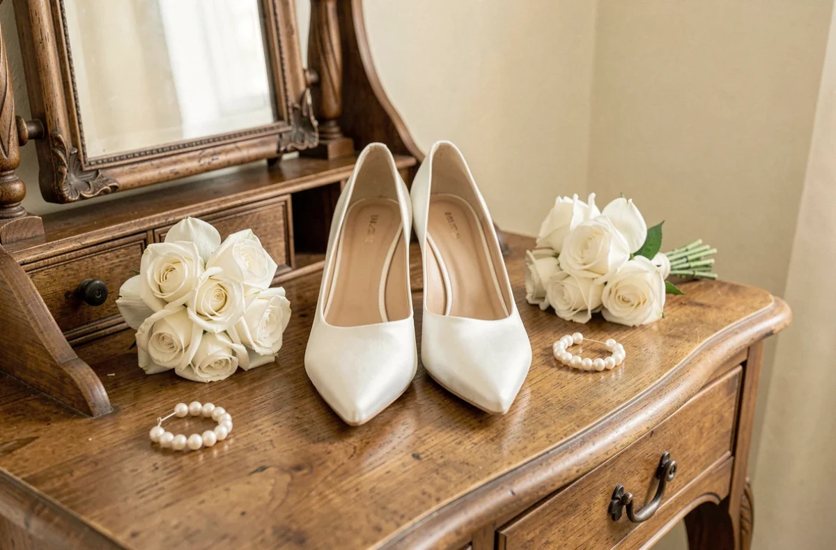 Chaussures de mariée blanches en satin sur une coiffeuse vintage avec bouquet de roses et boucles d'oreilles en perles
