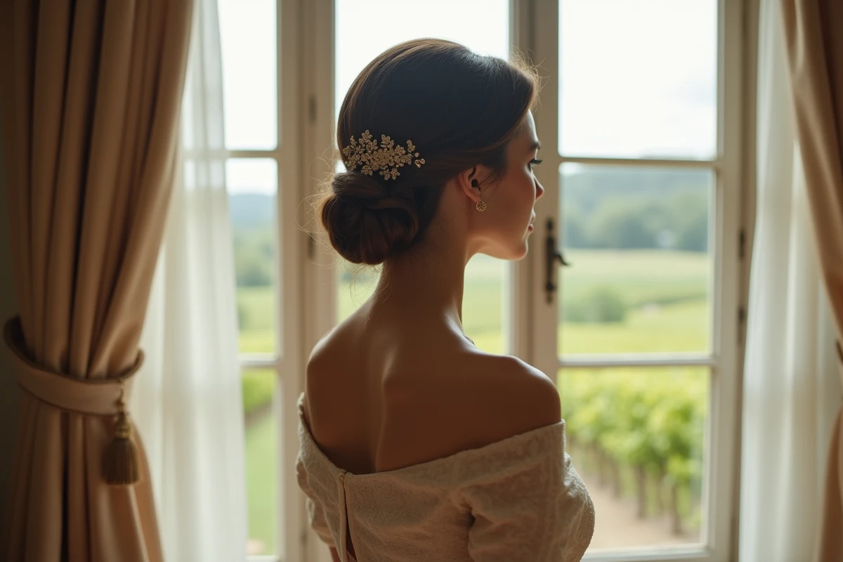 Mariée vue de dos avec un chignon tressé bas orné d'un peigne en or, portant une robe épaules nues couleur champagne devant une fenêtre avec vue sur un vignoble dans un château