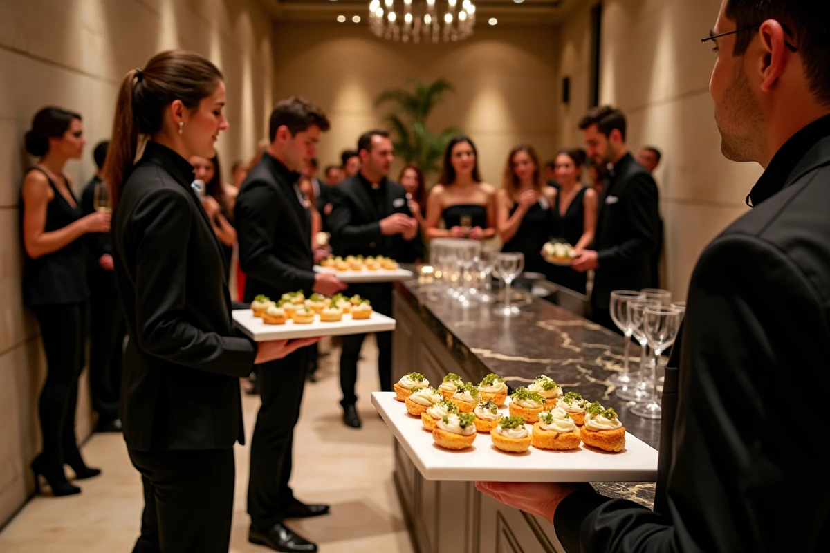 Cocktail dînatoire de mariage dans une salle contemporaine avec serveurs portant des plateaux de bouchées gastronomiques
