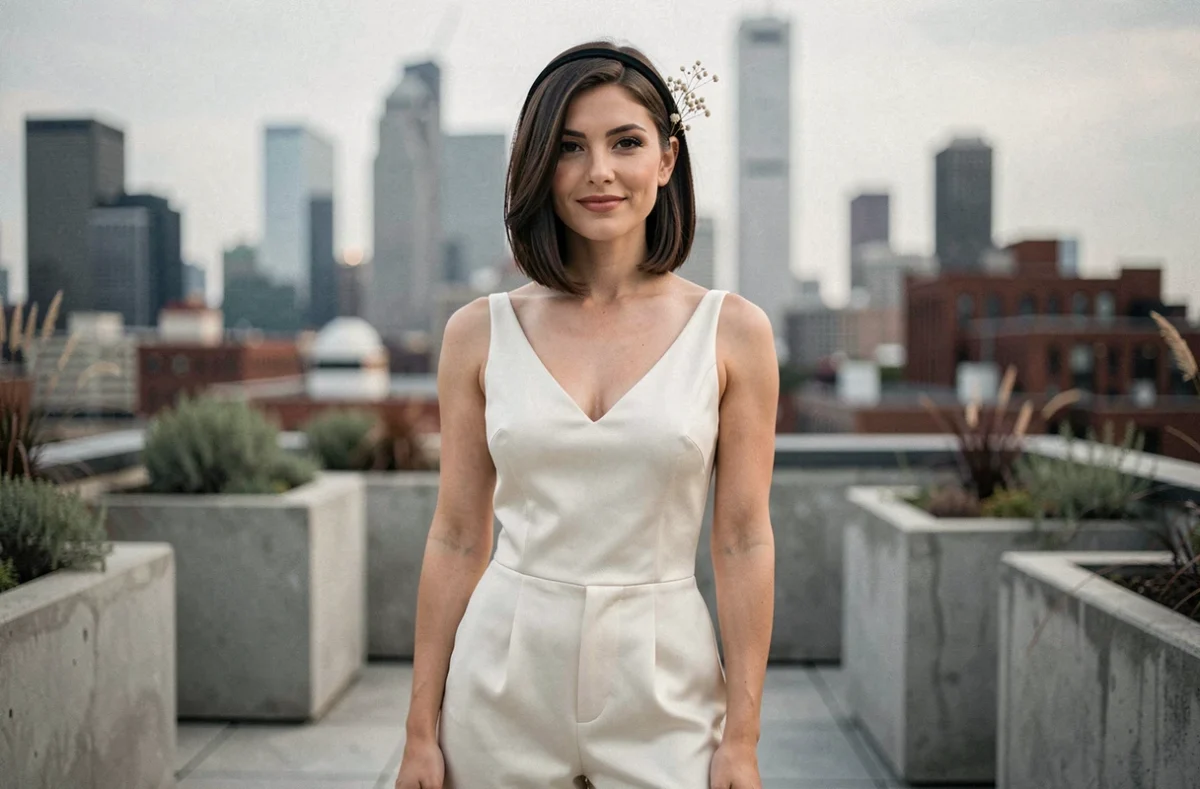 Mariée rock aux cheveux courts en bob asymétrique avec headband noir sur un rooftop urbain, combinaison mariée ivoire minimaliste