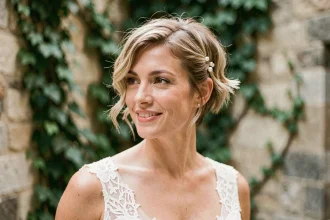 Mariée aux cheveux courts en pixie cut orné de petites épingles nacrées, robe en dentelle blanche dans une cour en pierre romantique
