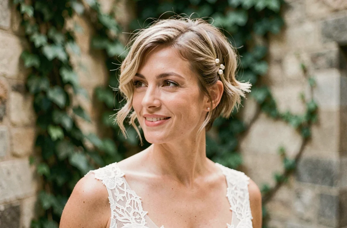 Mariée aux cheveux courts en pixie cut orné de petites épingles nacrées, robe en dentelle blanche dans une cour en pierre romantique