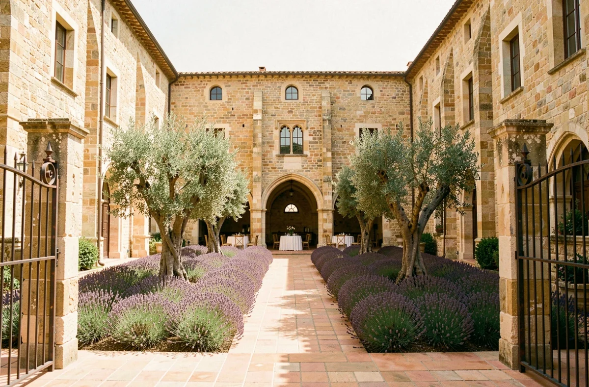 Cour intérieure de la Commanderie de Peyrassol dans le Var, avec ses murs en pierre médiévale et ses jardins de lavande pour un mariage historique