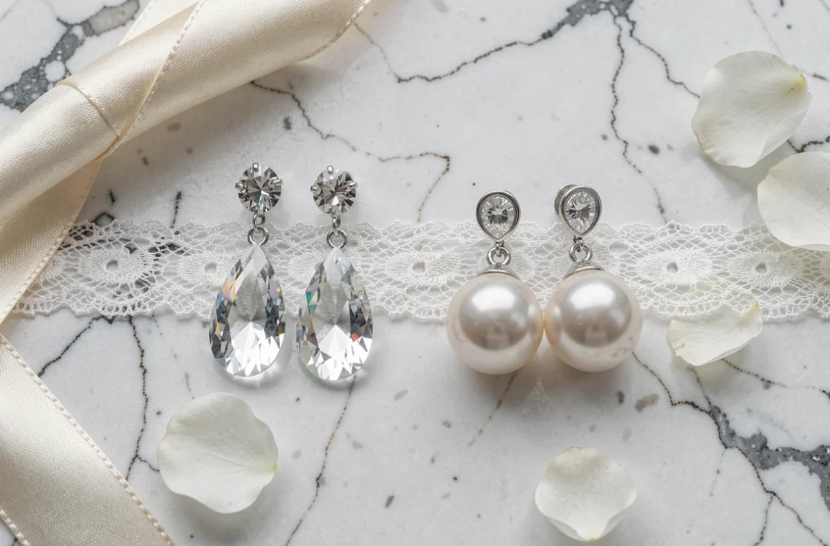 Comparaison bijoux de mariage cristal et perles de culture en flat lay sur marbre blanc avec pétales de roses