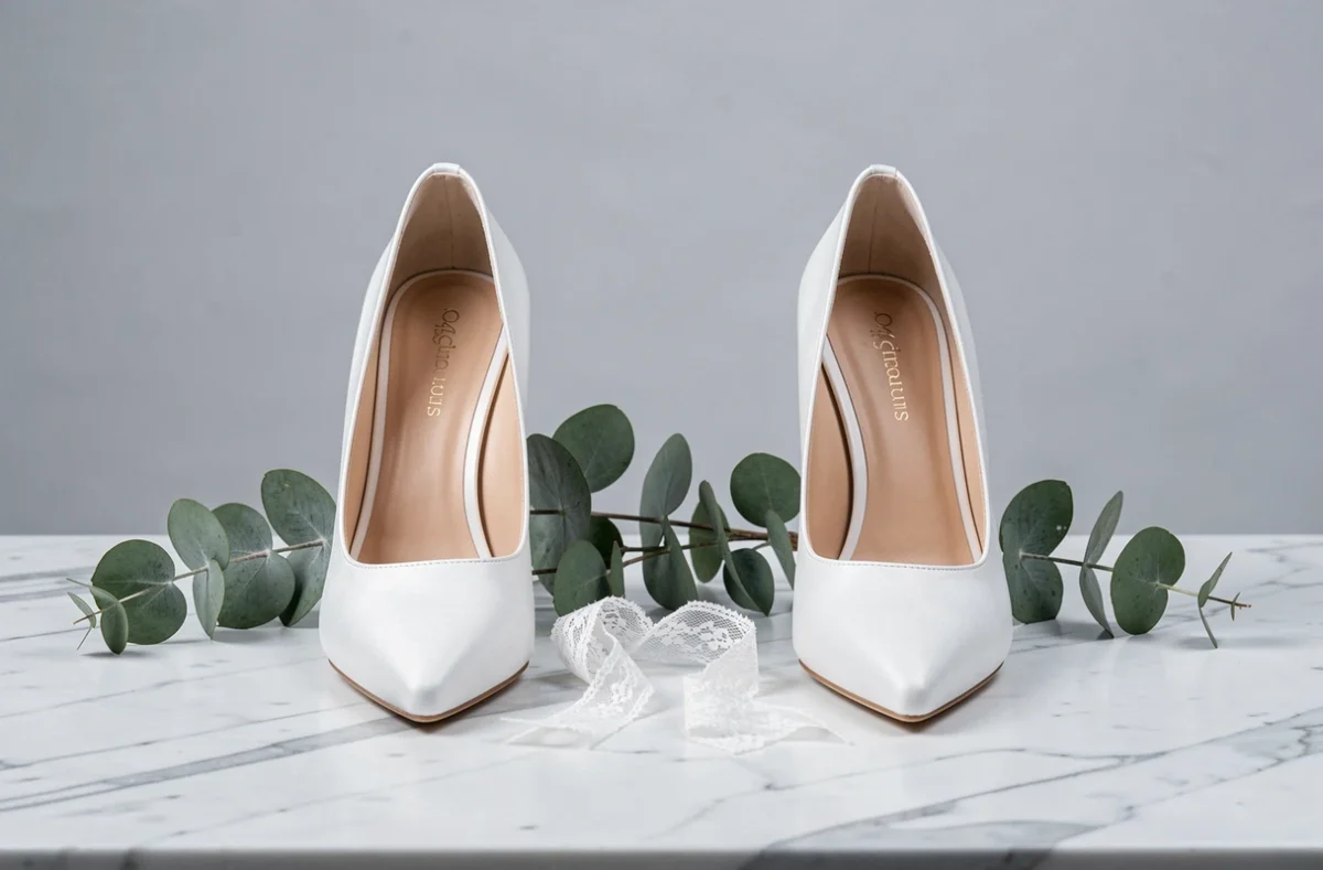 Comparaison côte à côte d'une chaussure de mariée en satin blanc et d'une chaussure en cuir blanc sur marbre