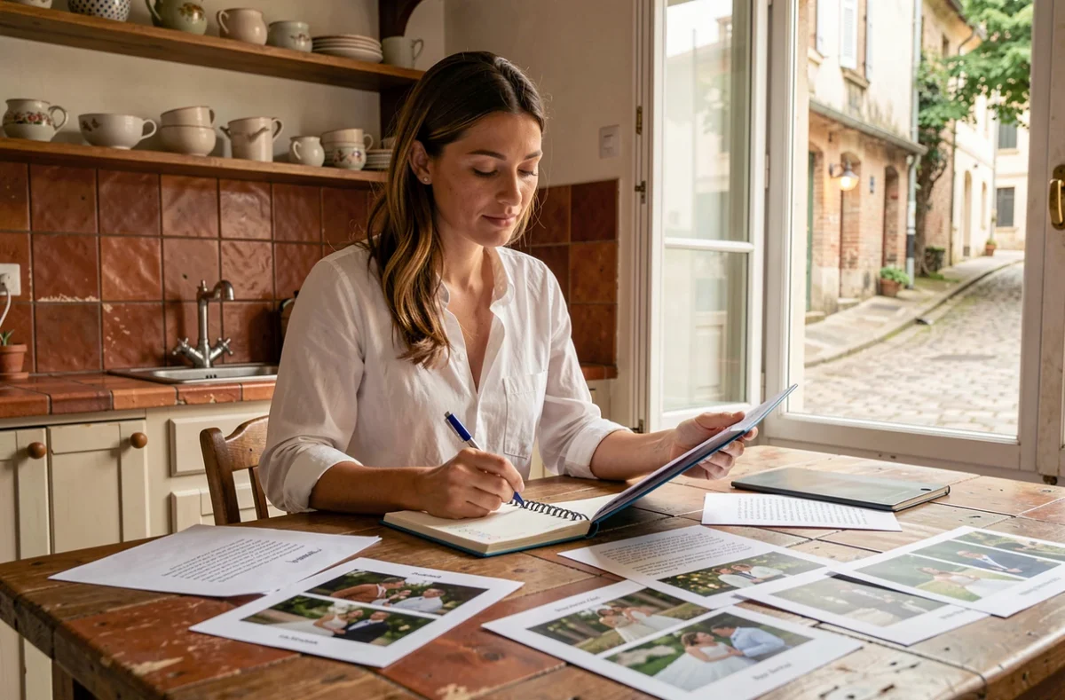 Femme comparant des devis de photographes de mariage à une table dans une maison bordelaise