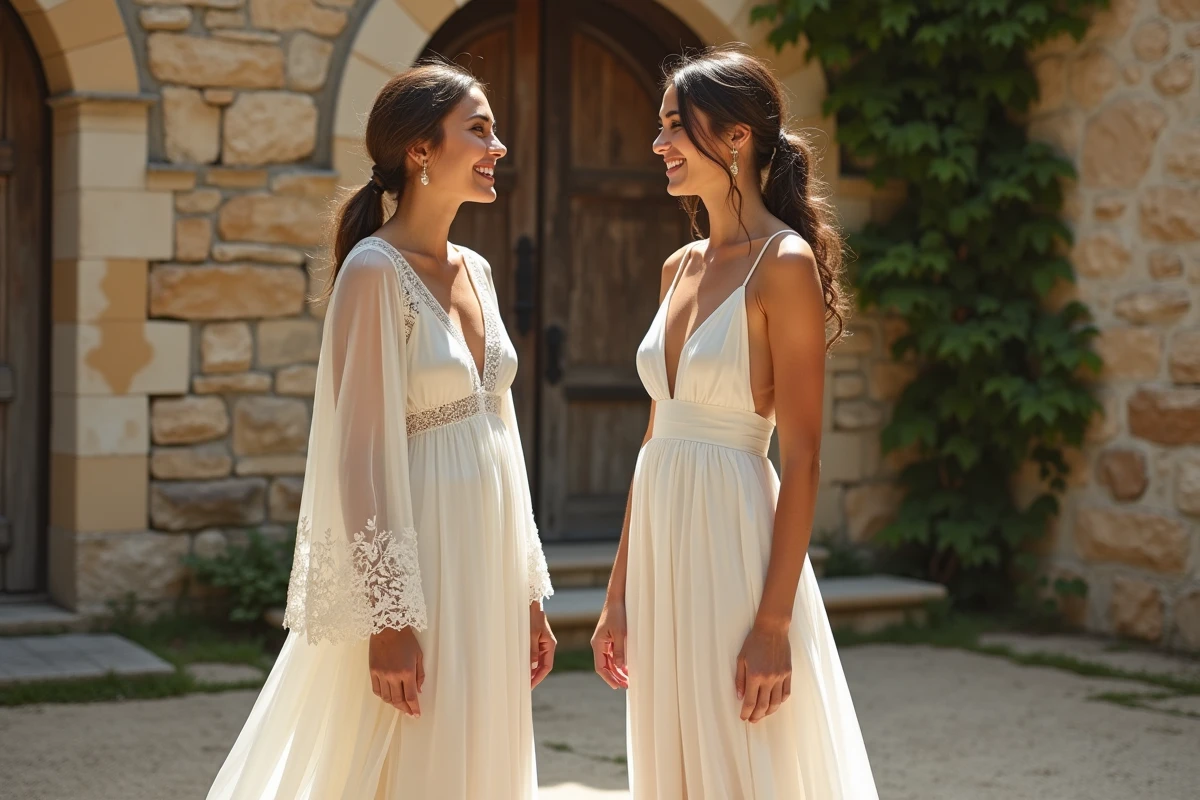 Comparaison de deux robes de mariée bohème et minimaliste portées par deux femmes dans une cour en pierre de style campagne française