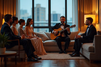 Groupe d'adultes lors d'un concert intime dans un salon moderne
