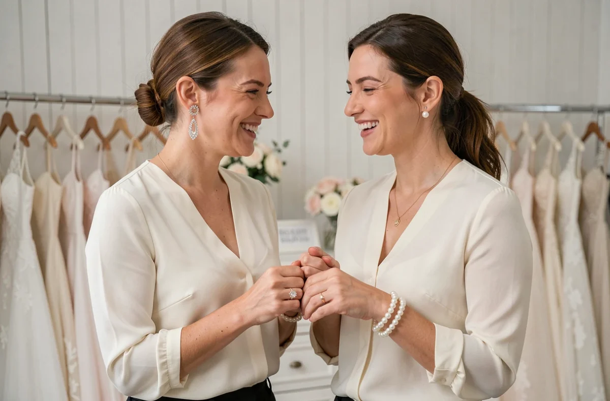Deux femmes en boutique mariage comparant des bijoux en cristal et en perles de culture au poignet, conseils accessoires mariage