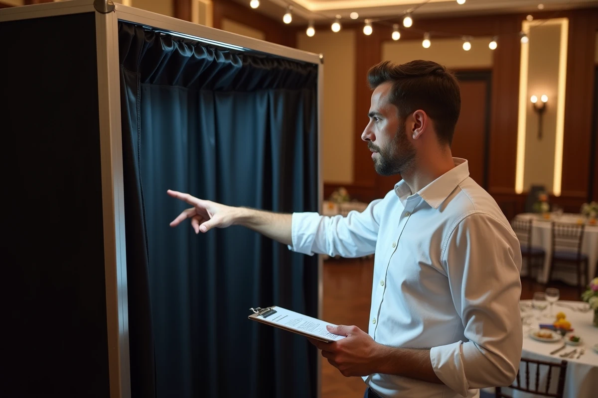 Coordinateur d'événements inspectant un photobooth installé dans une salle de réception avant une fête