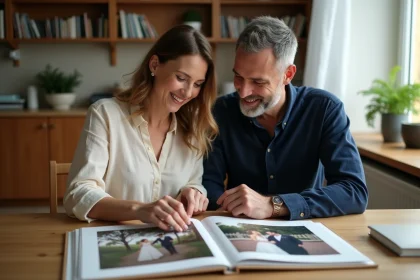 Couple feuilletant un album souvenir de mariage à la maison pour leur anniversaire de 17 ans