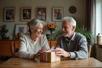 Couple d'âge moyen échangeant des cadeaux d'anniversaire dans une maison chaleureuse