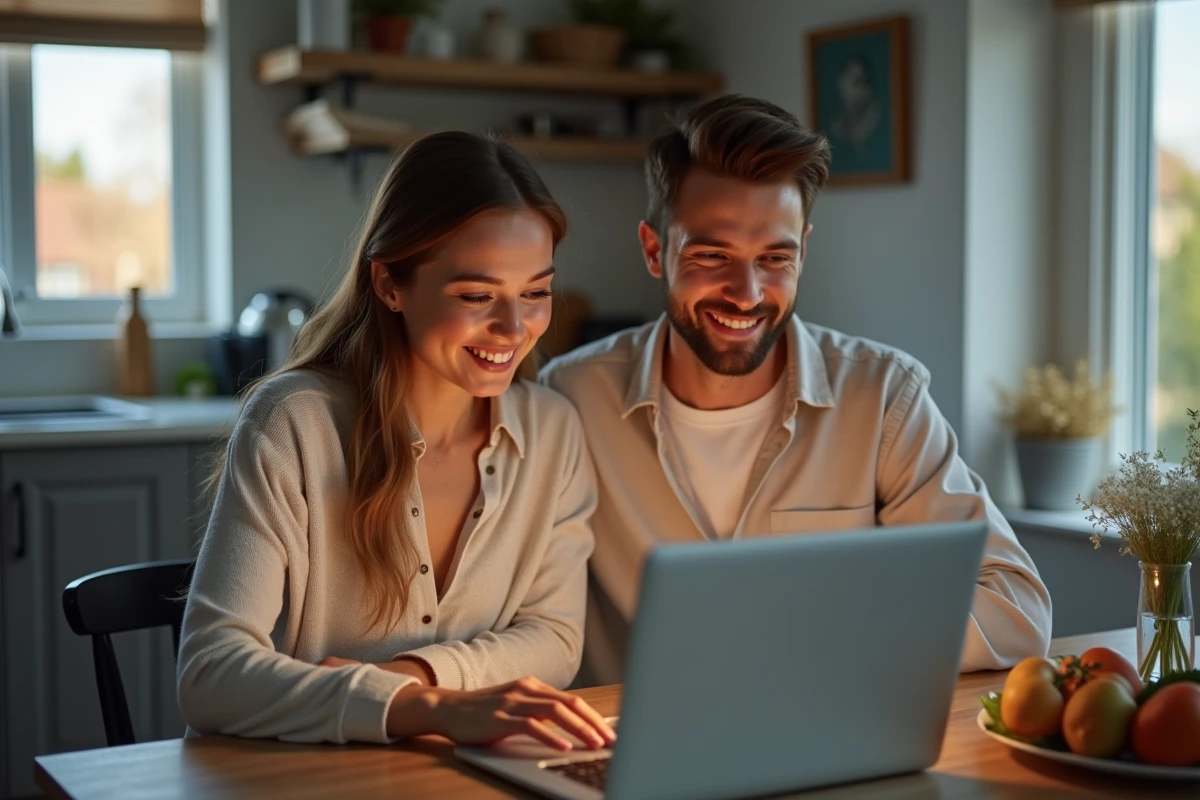 Jeune couple regardant un site de robes de mari&eacute;e &agrave; la maison
